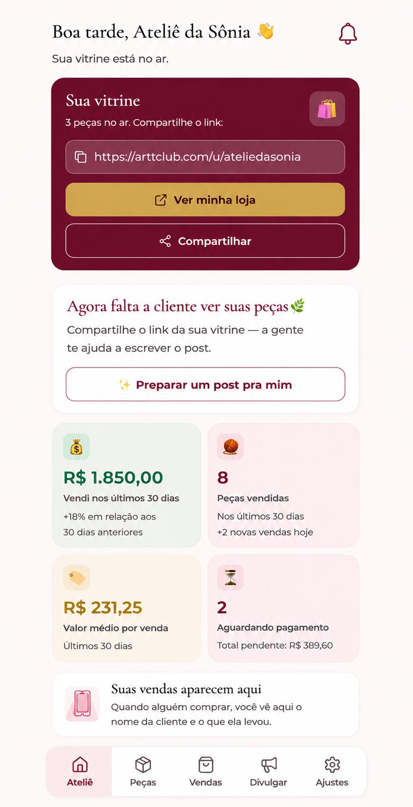 Painel Meu Ateliê no Arttclub, com resumo de vendas dos últimos 30 dias
