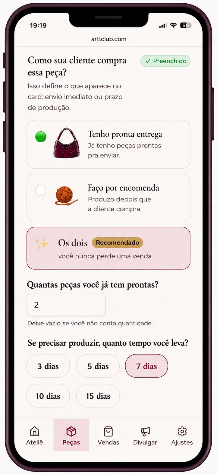 Cadastro de peça no Arttclub: escolha entre pronta entrega, por encomenda ou os dois