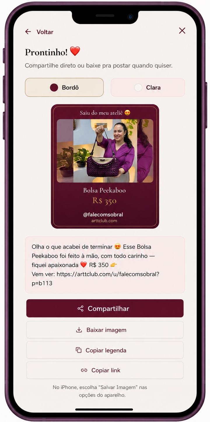 Tela Divulgar do Arttclub: arte pronta para Stories com legenda e botões de compartilhar e baixar